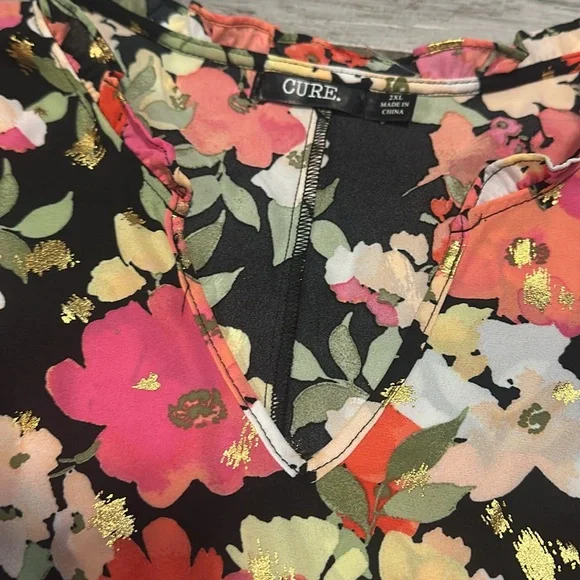 Cure Cute Floral Womens Dress Top Colorful with Gold Foil Plus Size 2X - Picture 2 of 3
